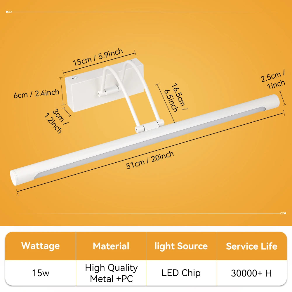 A white LED mirror light bar is shown with mounting brackets and various dimensions.