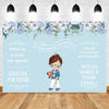 A light blue backdrop featuring a boy in a suit and glasses surrounded by floral greenery for a First Communion celebration.