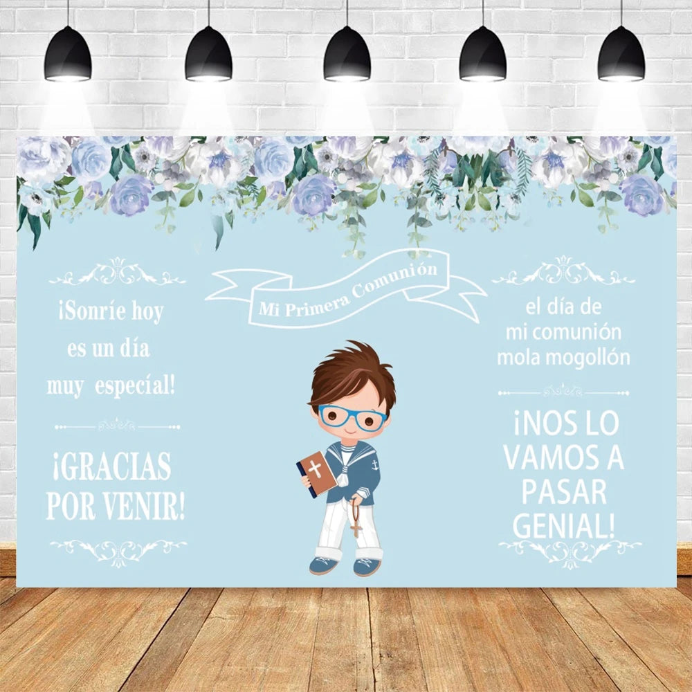A light blue backdrop featuring a boy in a suit and glasses surrounded by floral greenery for a First Communion celebration.