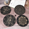 A set of five black wooden divination cards featuring celestial symbols and words like Yes, No, Maybe, and Rephrase.