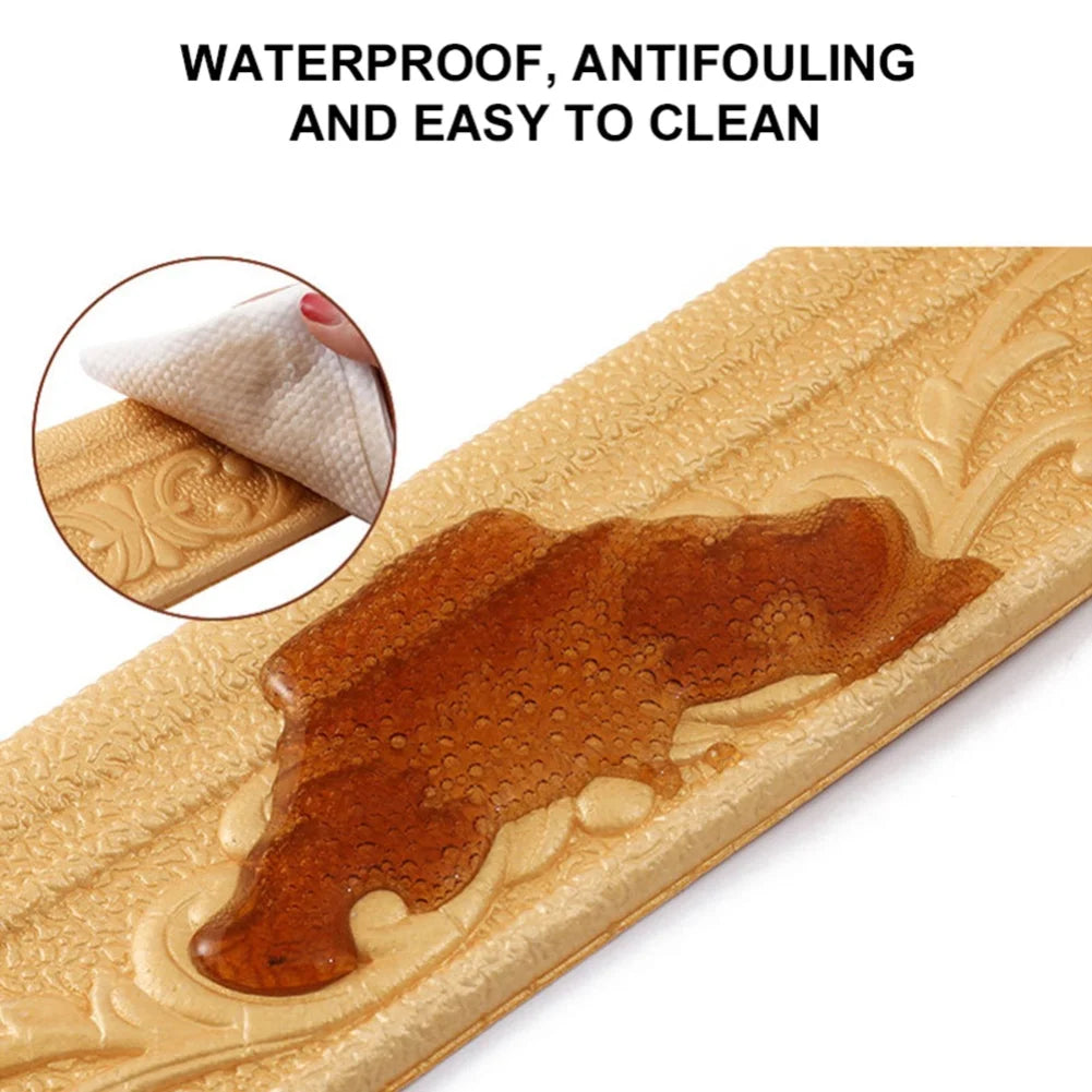 Close-up of a brown, textured 3D self-adhesive wall trim border for home decor.
