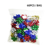 A clear bag filled with 60 holographic star gift bows in various colors including red, blue, green, and silver.