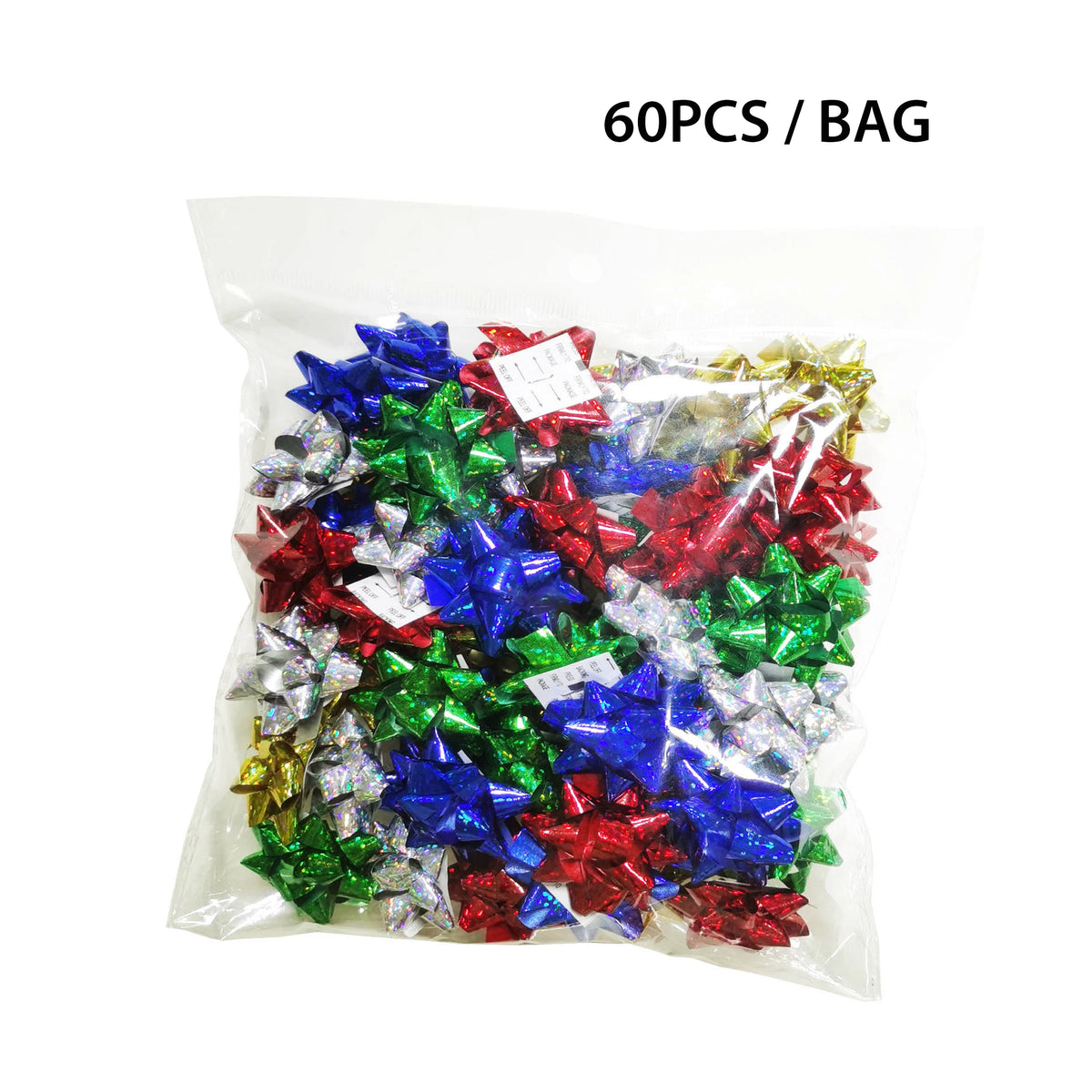A clear bag filled with 60 holographic star gift bows in various colors including red, blue, green, and silver.