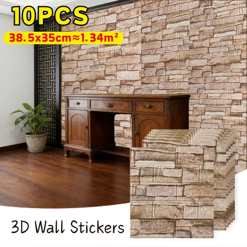 Ten pieces of 3D foam brick wallpaper stickers in a beige and brown stone texture mounted on a wooden cabinet.