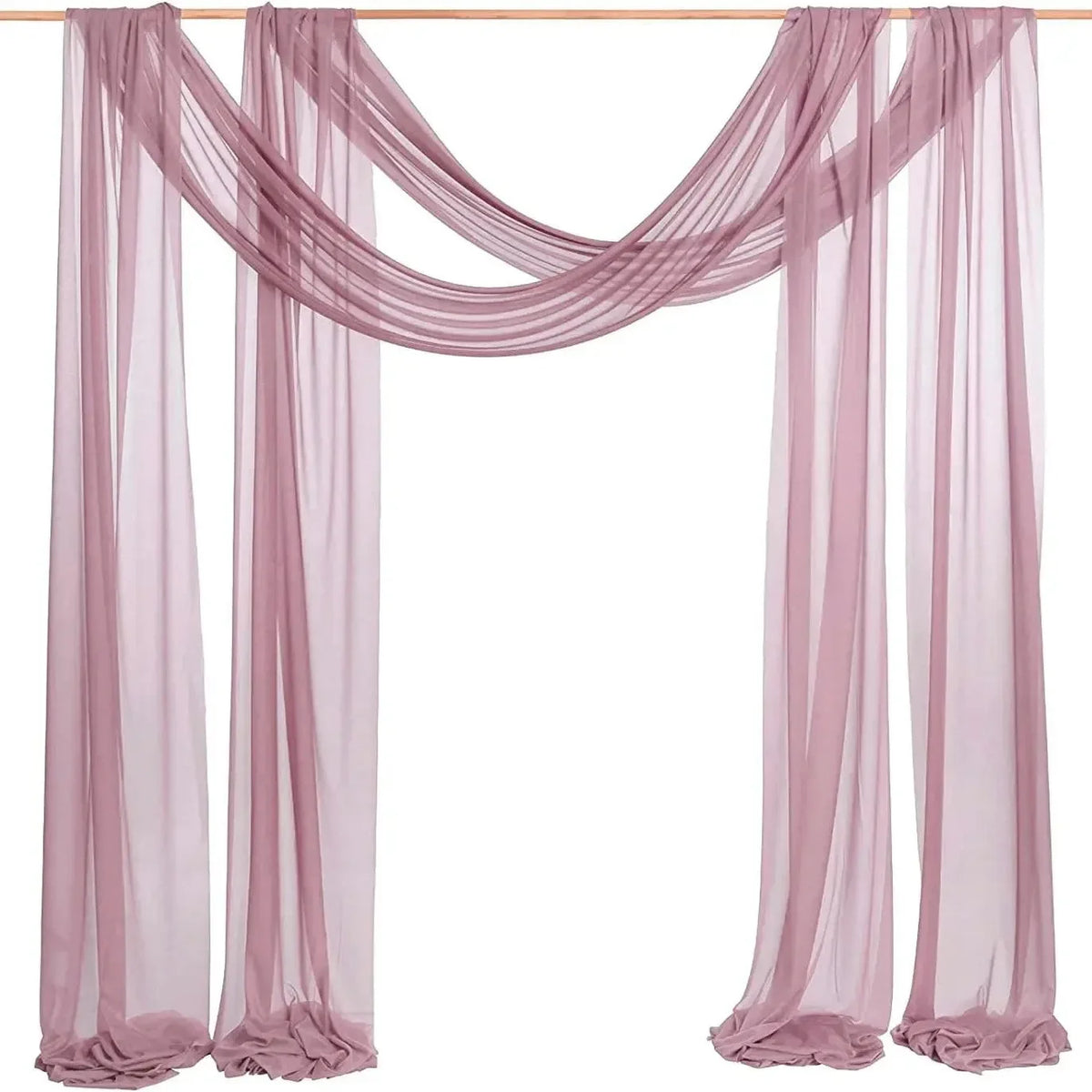 Elegant mauve chiffon drapes hanging in an arch style for weddings and events