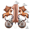A set of foil balloons featuring a large number one and three horse figures with decorative wheels.