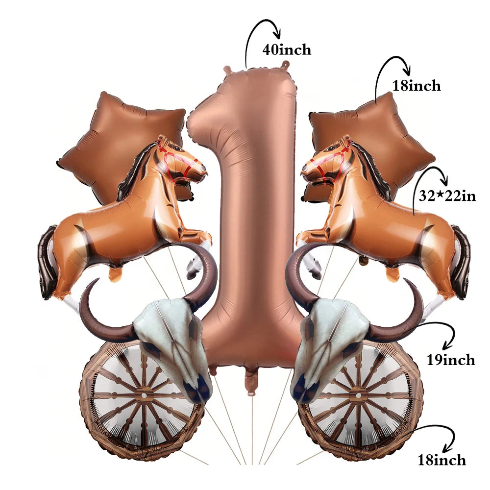 A set of foil balloons featuring a large number one and three horse figures with decorative wheels.