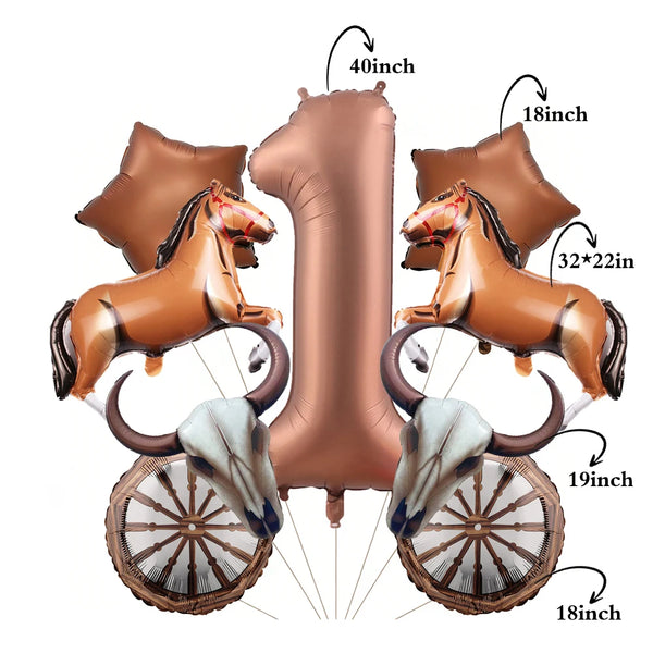A set of foil balloons featuring a large number one and three horse figures with decorative wheels.