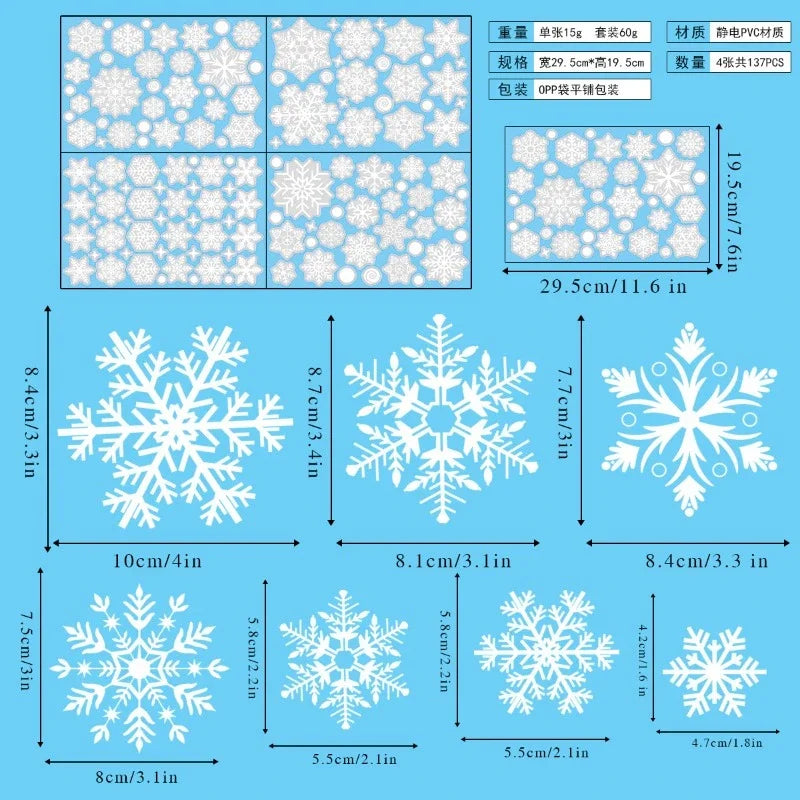Various sizes and shapes of white snowflake window cling decals for holiday decoration