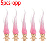 Five pink hair troll dolls with small faces displayed side by side.