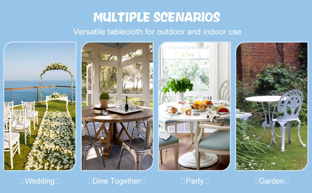Multiple scenarios showing a versatile tablecloth used for weddings, dining, parties, and gardens.
