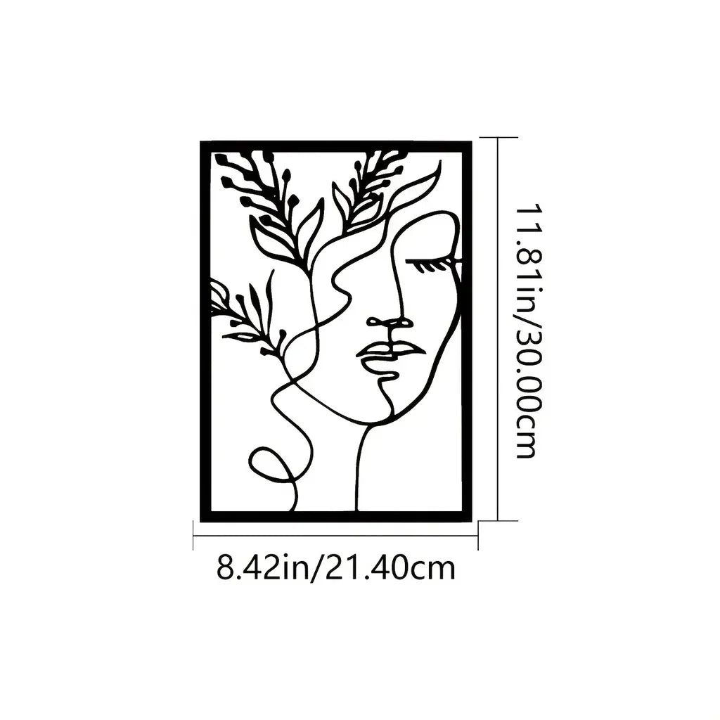 Black line art silhouette of a woman's face with leafy vines on a rectangular metal wall art print