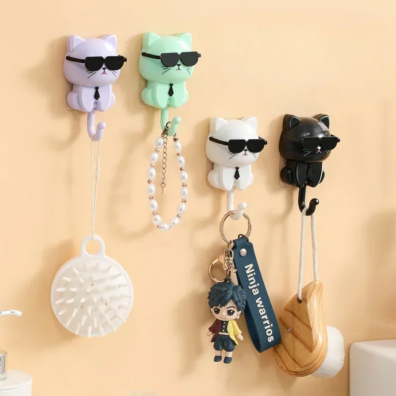 Cartoon Cat Adhesive Hooks – No-Damage Wall Hooks with Sunglasses Design
