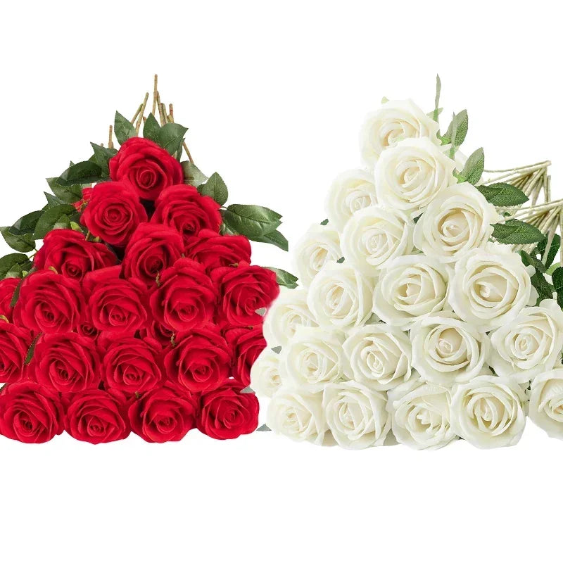 A display of 50 stems of artificial roses, featuring clusters of deep red and creamy white blooms.