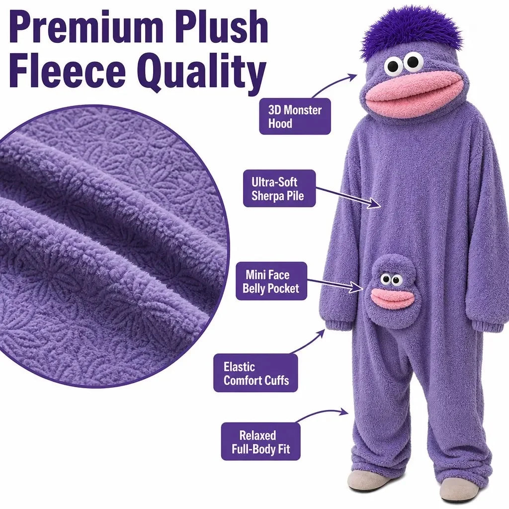 Funny Big Mouth Monster Onesie Pajamas – Cozy Coral Fleece Hooded Jumpsuit