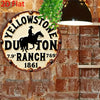 Vintage metal wall sign featuring a silhouette of a cowboy on a horse and the text Dutton Ranch 1861 mounted on a brick wall.