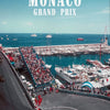A vintage photograph of the 1985 Monaco Grand Prix race, showing a car on a track and spectators along the barrier.