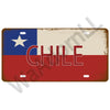 A vintage metal tin sign featuring the flag of Chile with a star and the word CHILE on a distressed background.