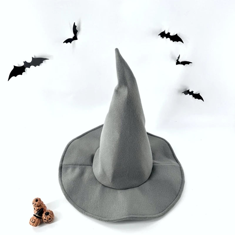 A gray witch hat is displayed on a white background surrounded by black bats.