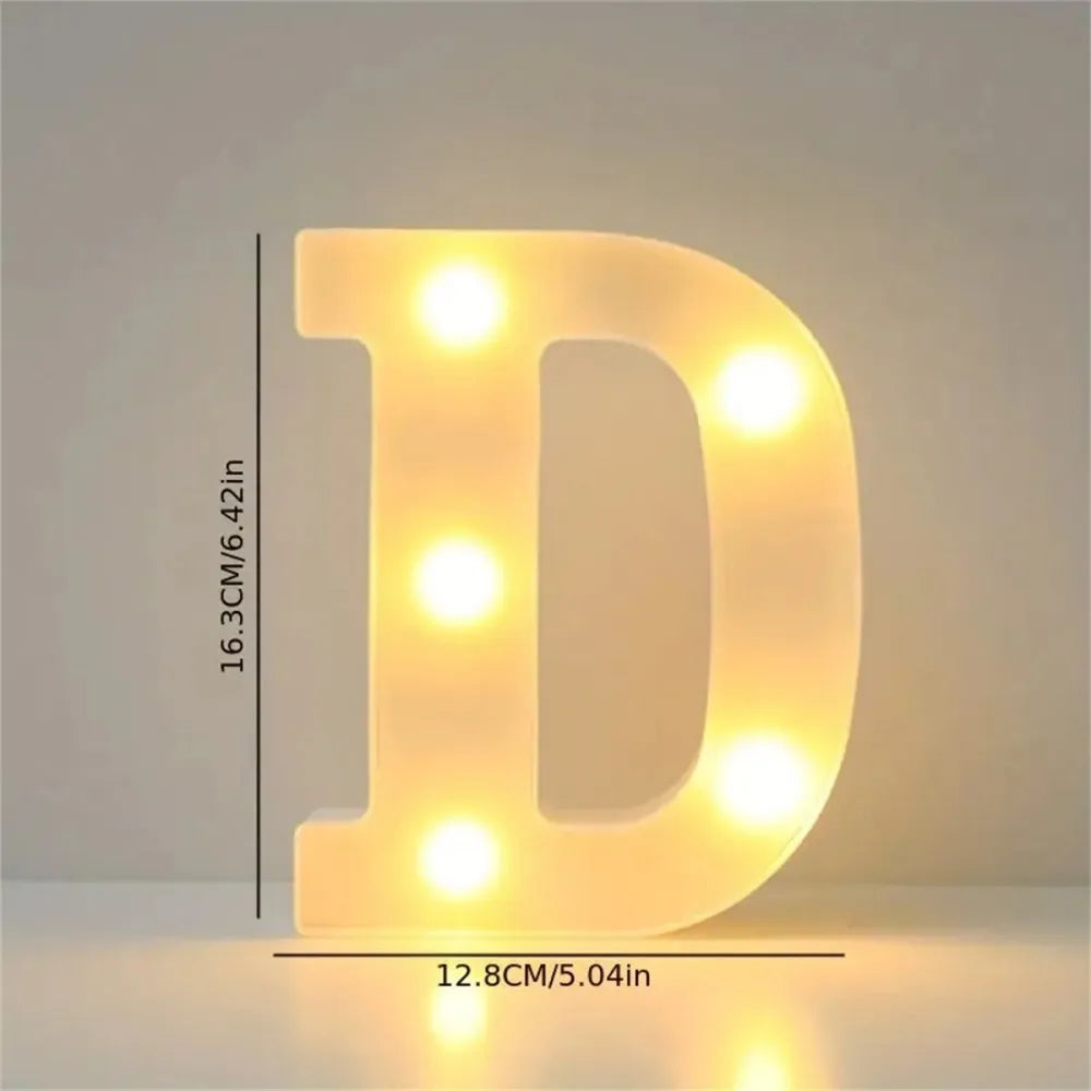 A glowing letter D made of LED lights used for room or party decor.