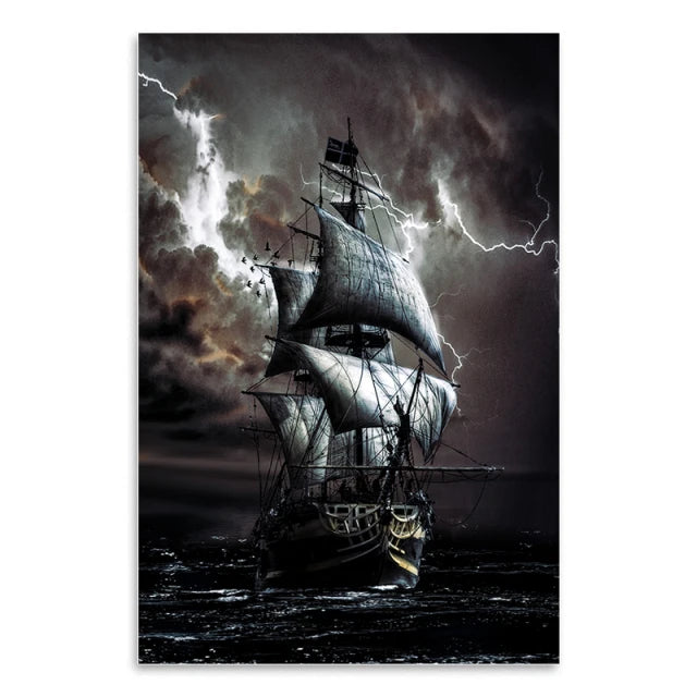 A dramatic painting of a historical ship, likely the Bismarck-Class Battleship, sailing under a stormy, dark sky with lightni