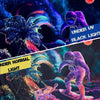A purple and blue psychedelic alien tapestry featuring astronauts under UV light against a cosmic background.