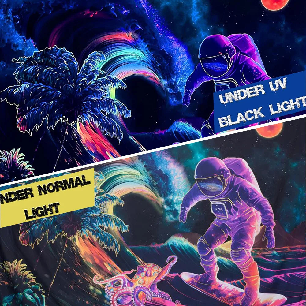 A purple and blue psychedelic alien tapestry featuring astronauts under UV light against a cosmic background.