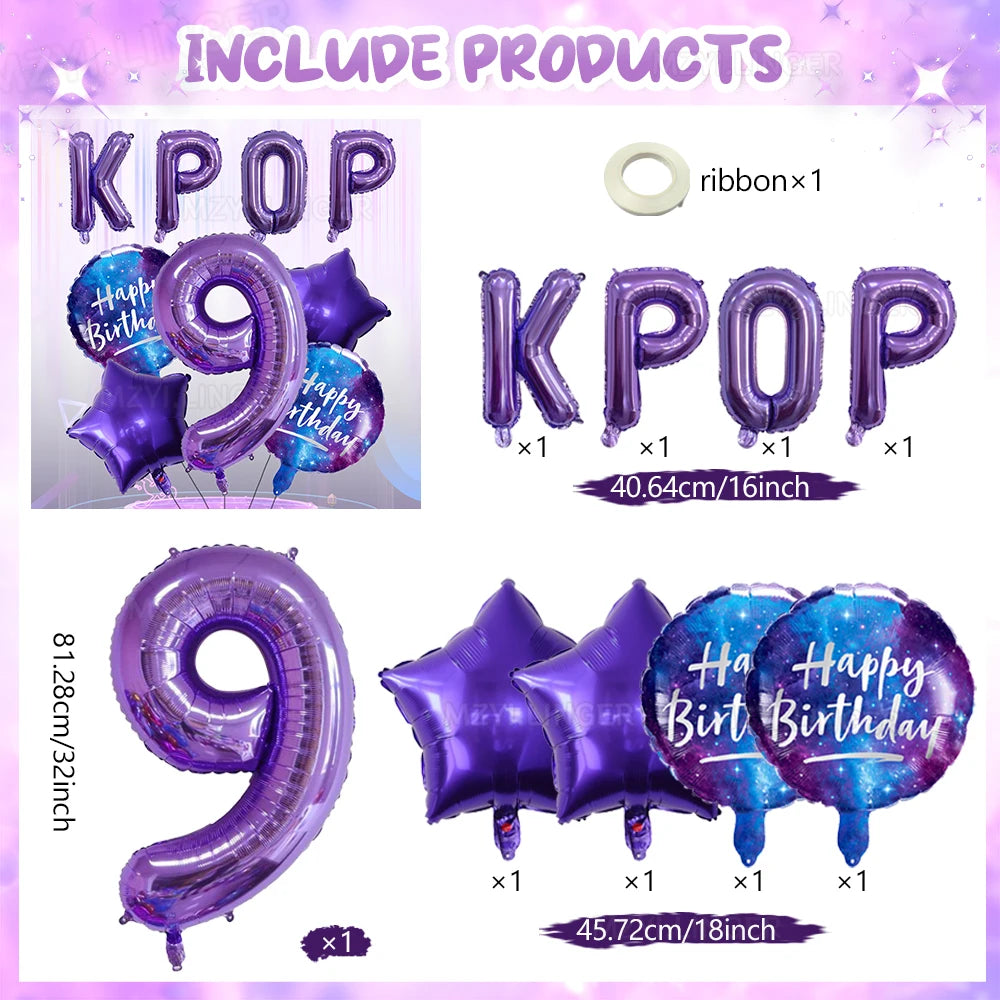 Purple foil number balloon set including KPOP letters and a large number 9