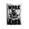 A black and white flag with the text WORK HARD printed on it, featuring a muscular man's chest.