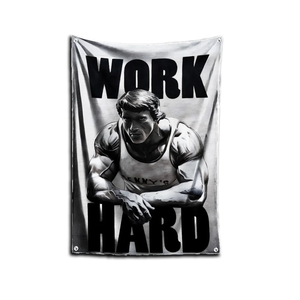 A black and white flag with the text WORK HARD printed on it, featuring a muscular man's chest.