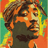 A retro kraft paper poster featuring a portrait of Tupac Shakur with vibrant orange, yellow, and green colors.