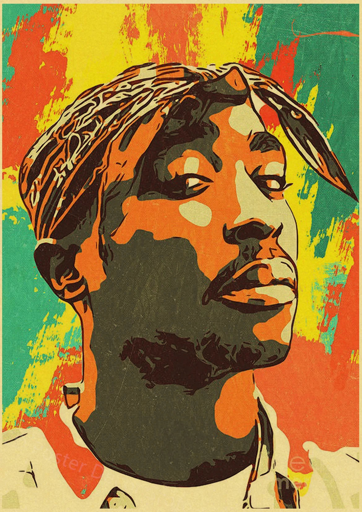 A retro kraft paper poster featuring a portrait of Tupac Shakur with vibrant orange, yellow, and green colors.
