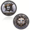 A silver commemorative coin featuring a depiction of Jesus Christ with a crown of thorns and text related to Yahweh.
