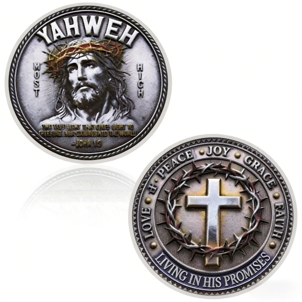 A silver commemorative coin featuring a depiction of Jesus Christ with a crown of thorns and text related to Yahweh.