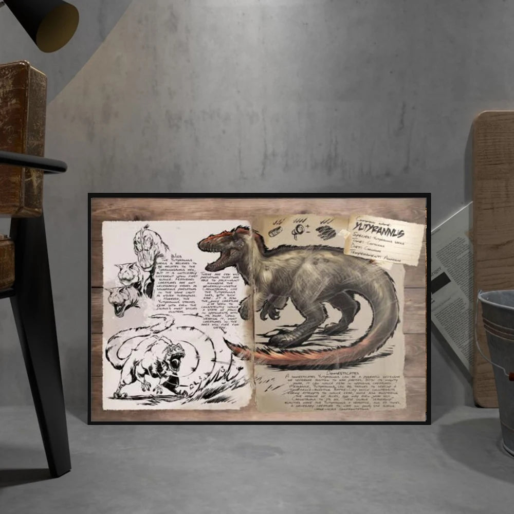 A framed piece of vintage-style drawing depicting a dinosaur, likely a T-Rex, on aged paper.