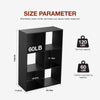 A black wooden storage organizer bookcase with six open shelves and size parameters displayed.