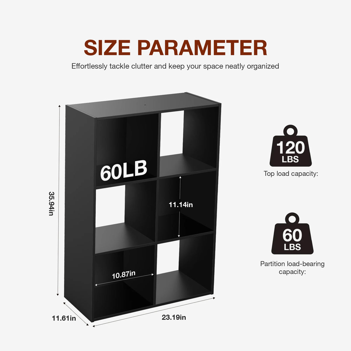 A black wooden storage organizer bookcase with six open shelves and size parameters displayed.