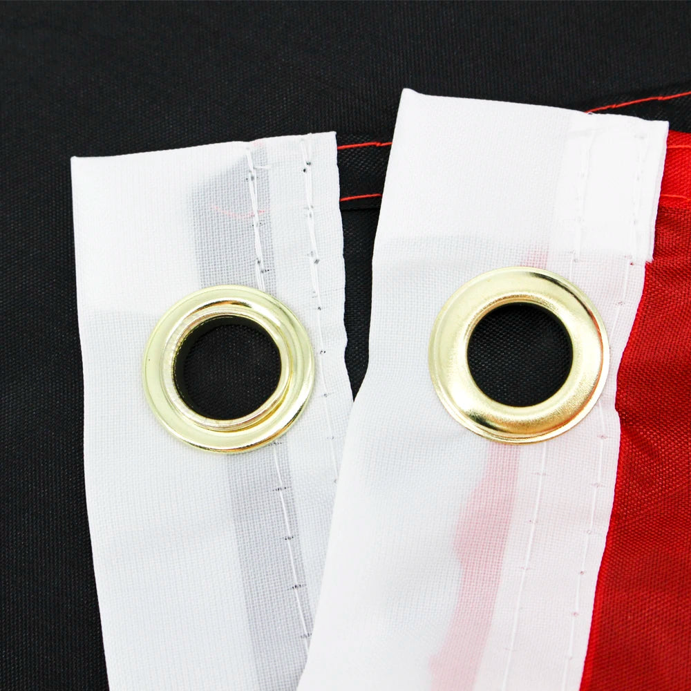 White banner with gold grommets and red fabric edge, part of a German Empire flag display.