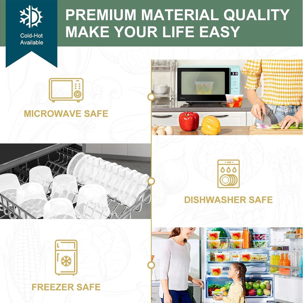 Diagram showing microwave safe, dishwasher safe, and freezer safe deli-style meal prep containers.