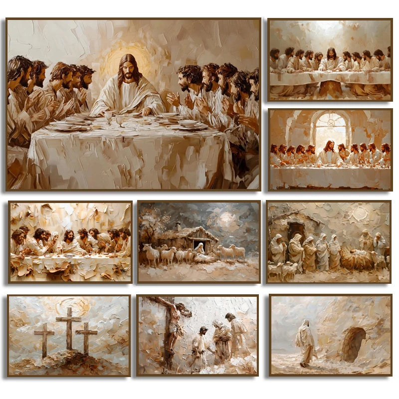 Collection de peintures à l'huile représentant des scènes bibliques et des rassemblements religieux.