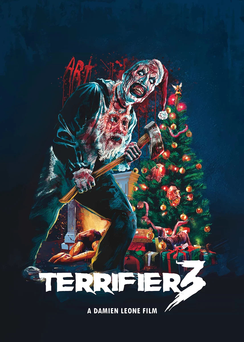 A movie poster featuring a grotesque, bloody figure wielding a large knife against a dark background.
