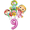 A set of nine colorful cartoon foil balloons featuring characters from Cocomelon and watermelon themes.