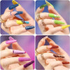 Close-up photos showcasing various shades of rainbow glitter nail polish on fingers for nail art and DIY crafts