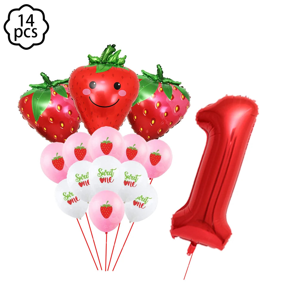 A kit of 14 strawberry-themed party supplies including fruit decorations and a red number one balloon.