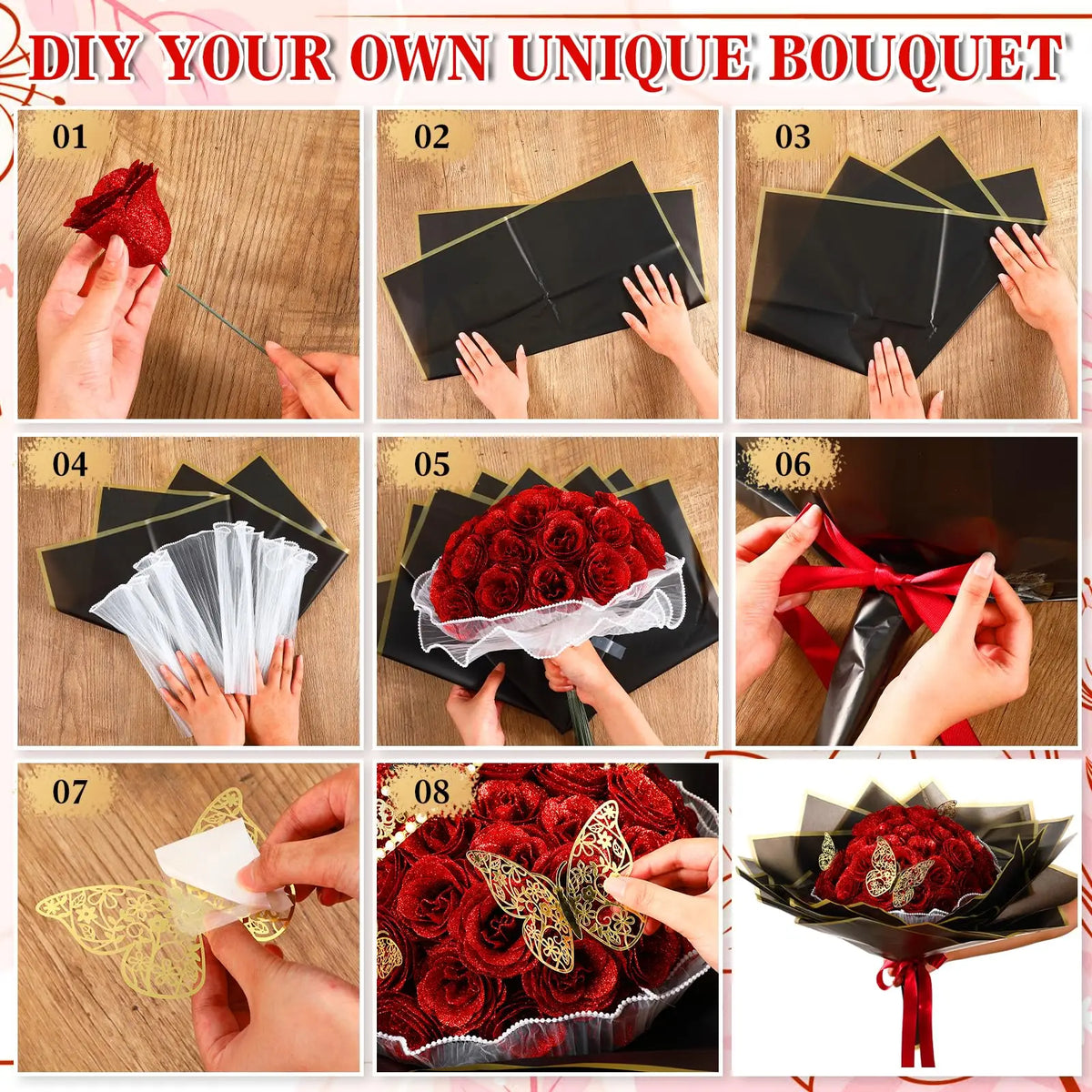 Step-by-step guide showing how to make a unique rose bouquet using artificial red roses and black wrapping paper.