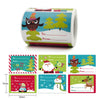 Roll of merry Christmas decorative stickers featuring reindeer, trees, and holiday designs for gift wrapping