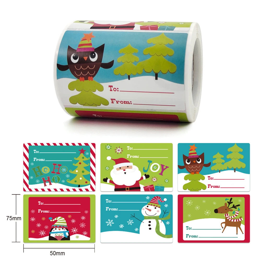 Roll of merry Christmas decorative stickers featuring reindeer, trees, and holiday designs for gift wrapping