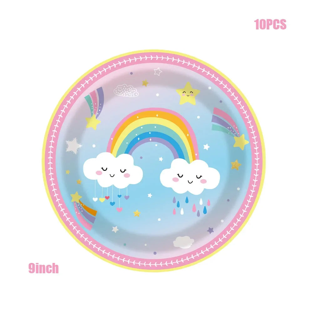A 10-piece set of colorful paper plates featuring a rainbow and clouds for parties.