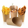 Three disposable kraft paper cups filled with french fries, a small item, and fried chicken pieces.