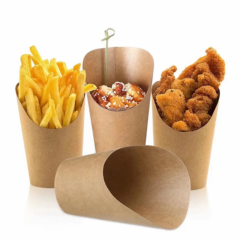 Three disposable kraft paper cups filled with french fries, a small item, and fried chicken pieces.